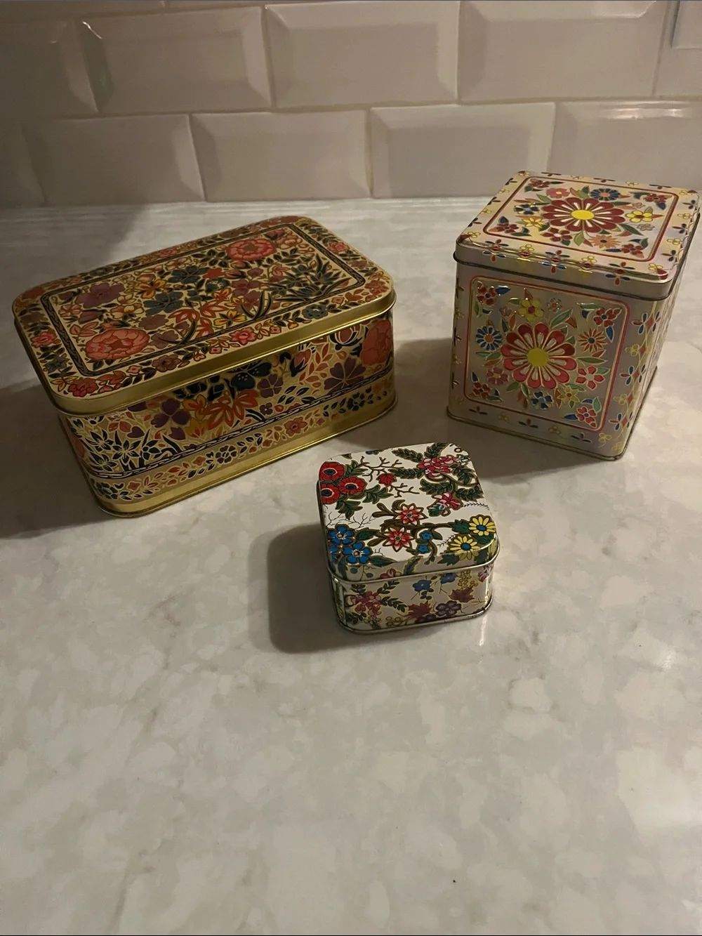 Vintage Kashmir type Tin box’s floral tin box’s tea box 2 are hinged & English